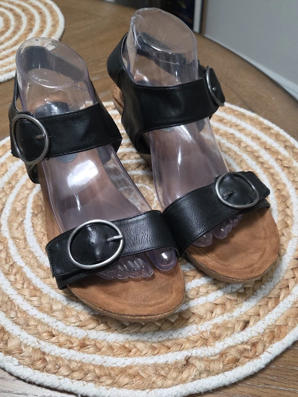 Vintage 7 Eight Black Double Buckle Comfort Wedge, Size 10